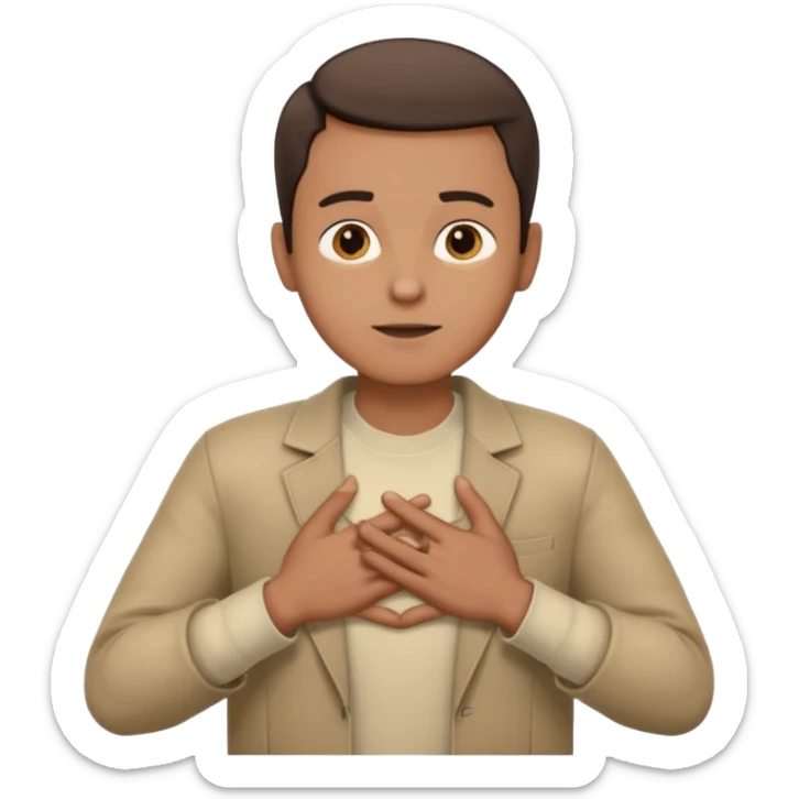 un hombre con las dos manos en el pecho, con las palmas de las manos abiertas. con ropa sticker