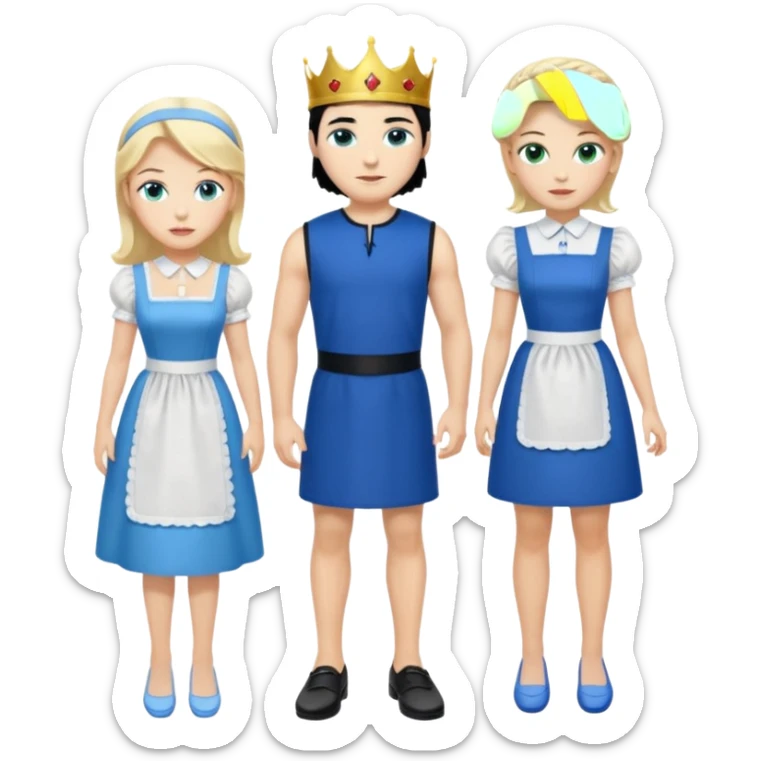 King, black hair, body, legst, blue eyes, blue garmont,  shoes, maid blonde hair, green eyes, sexy short sleveless White dress, shoes sticker