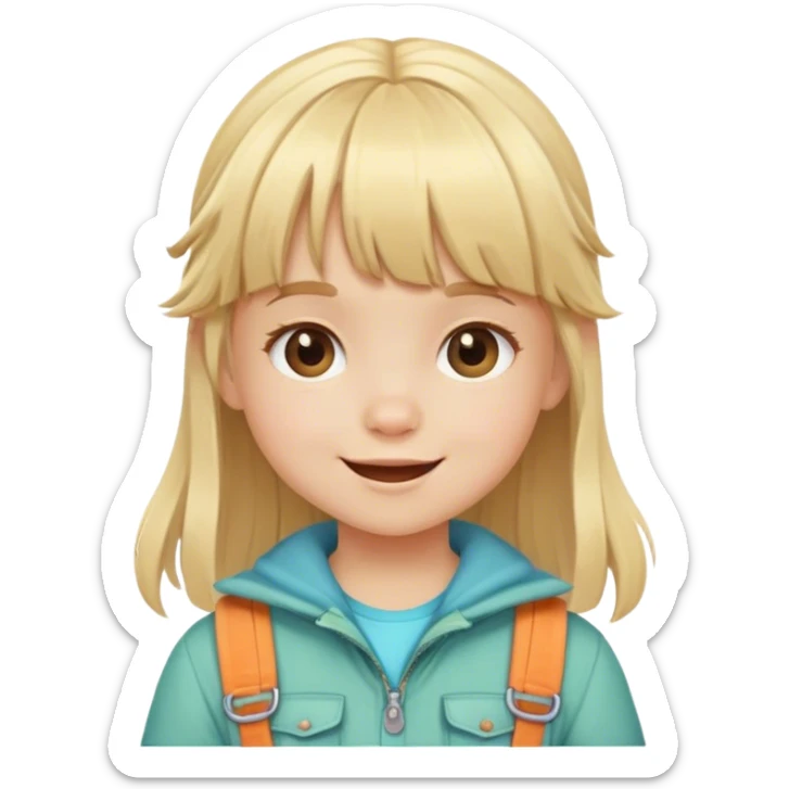 happy Blonde little girl with bangs wearing summer mountain clothes sticker