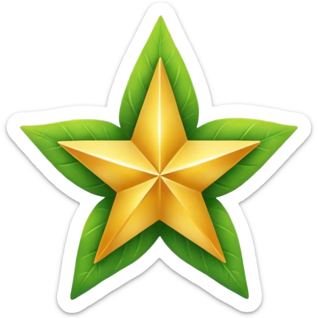 "A vibrant, golden five-pointed star emoji, with graceful green leaves subtly integrated into its points or wrapping around its base. The design should feel radiant and positive. Clean, vector-style, 32x32 pixel icon. Transparent background. Icon for achievement in health." sticker