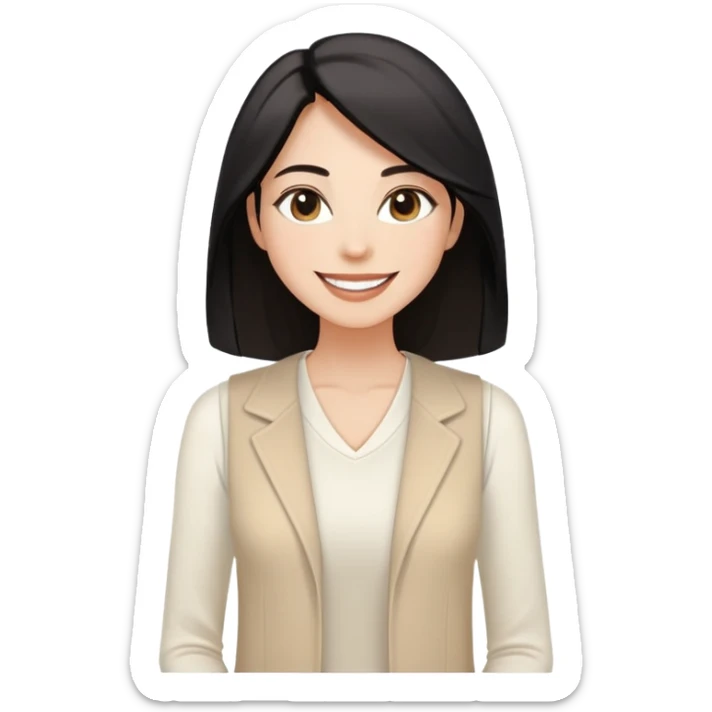 A woman with light to medium-toned skin, black shoulder-length straight hair, almond-shaped eyes, joyful smile, wearing a white long-sleeve top and a light beige sleeveless open-front vest, exuding warmth and elegance. sticker