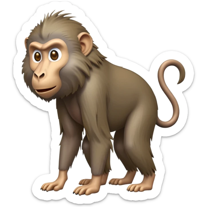 cinematic-hairy baboon-full-body-standing on all fours-emoji,-head-tilted-dramatically,-thick-grey-and-brown-fur,-simplified-yet-realistic-focused-features,-highly-detailed,-glowing-with-an-almost-sarcastic-glow expressive eyes, his top half covered in hair sticker