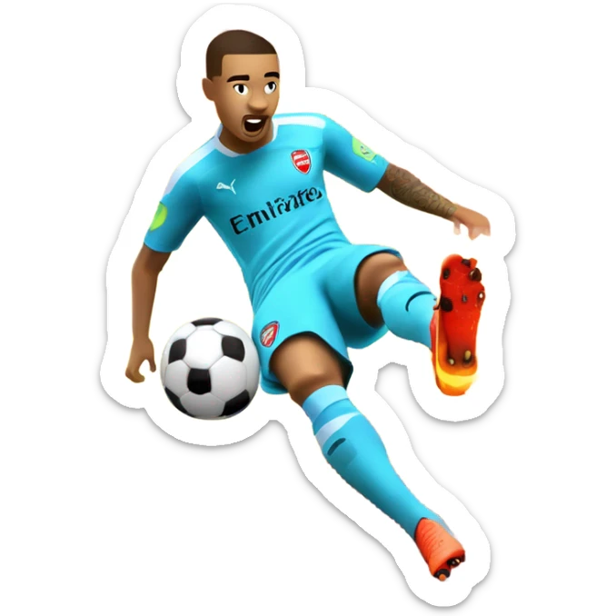 Gabriel Jesus from Arsenal with one foot on fire kicking a soccer ball into a net sticker