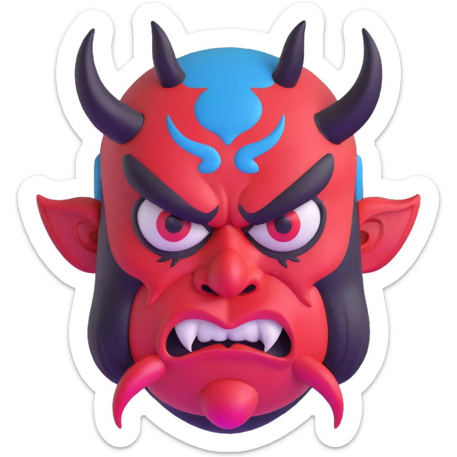 Japanese Tengu demon mask with thick black eyebrows, large cartoonish angry eyes, big curved red nose, black mustache, tongue sticking out, and blue sweat droplets on forehead sticker