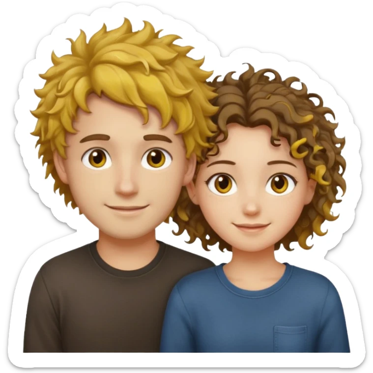 Sarı ve dağınık saçlı ela gözlü beyaz tenli erkek ve saçları koyu kahverengi ,kıvırcık saçlı kız yan yana gülümsüyor sticker
