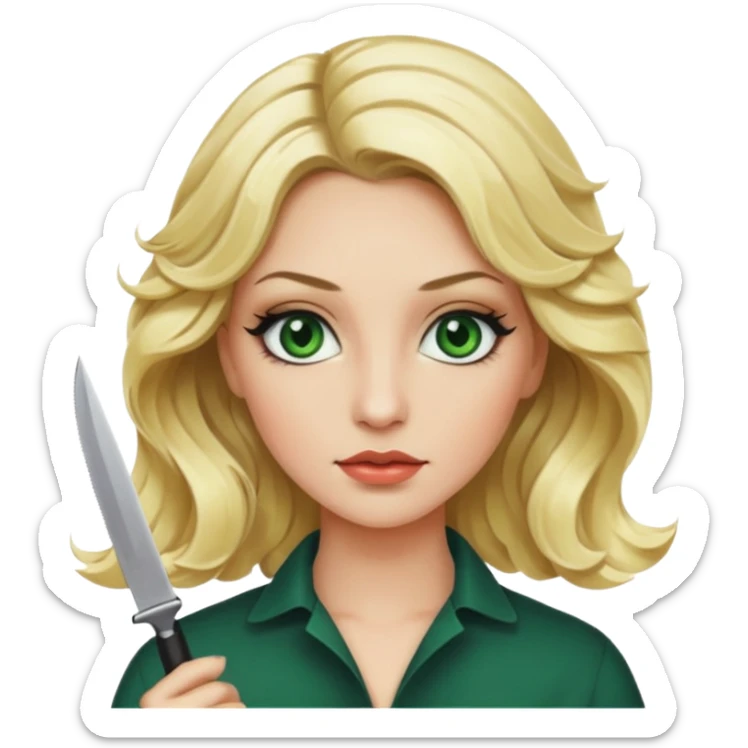 Emoji femme blonde cheveux blond ondulé, yeux vert avec de long cils noir qui porte un couteau sticker