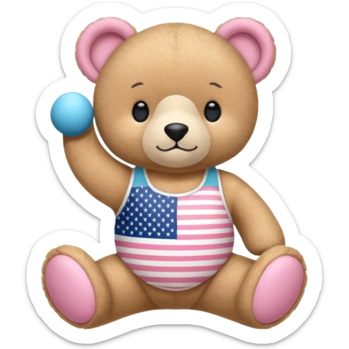 osito de peluche cafe claro con ropita rosa claro y estapado de la bandera de usa y otro con una liga de pilates en la cabeza y con ropa deportiva sticker