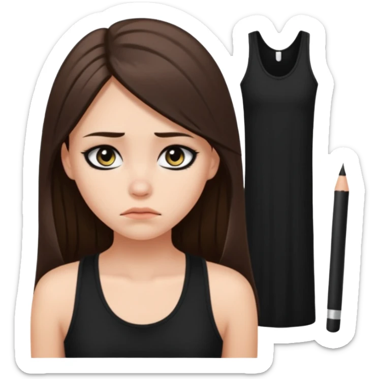a fair girl with straight long brunette hair, black tank top, eyeliner on. Looking sad sticker