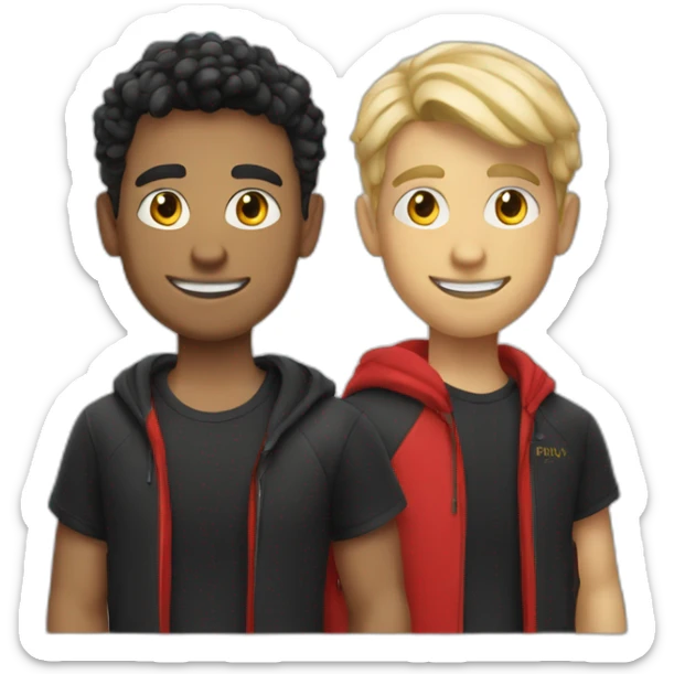 Two twin guys with a smile, medium hair black, red T-shirt with the inscription Prada sticker