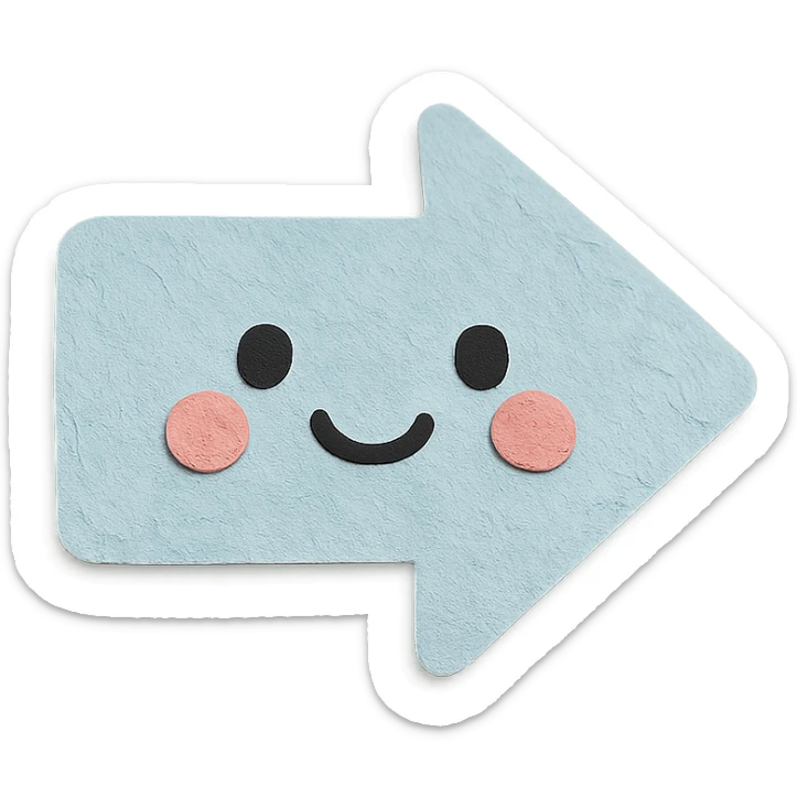 soft pastel kawaii arrow sticker in soft baby blue, paper craft style, with a smiling face sticker