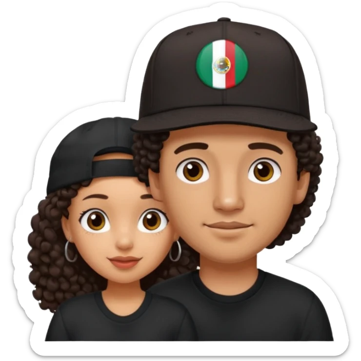 A picture of a cute tanned couple. the man is Mexican, with a bald hair cut wearing a SnapBack hat and a black shirt. the woman is mixed, she has curly longer dark brown hair, thicker and with big boobs  sticker