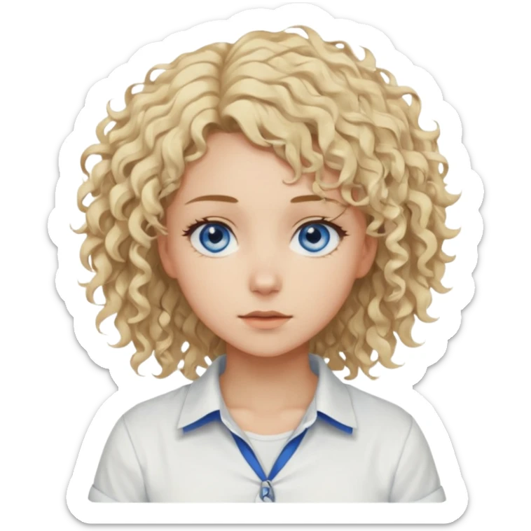 This is a 2D digital anime-style portrait of a female, caucasian, 29 years old light skin. The person has messy stray blond curly hair, round blue eyes.  sticker