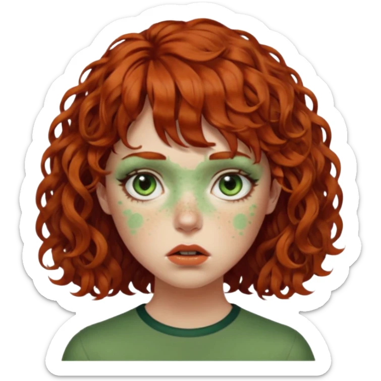 quero que você cria uma mulher, o rosto dela. nela, ela tem cabelo curto e ondulado, tem franja e ela tem semblante triste, deixe ela com pele verde. cabelo cacheado(avermelhado). ( ela tem aparência terroristica) olhos anormais assim como a boca) deixe ela com sardas sticker