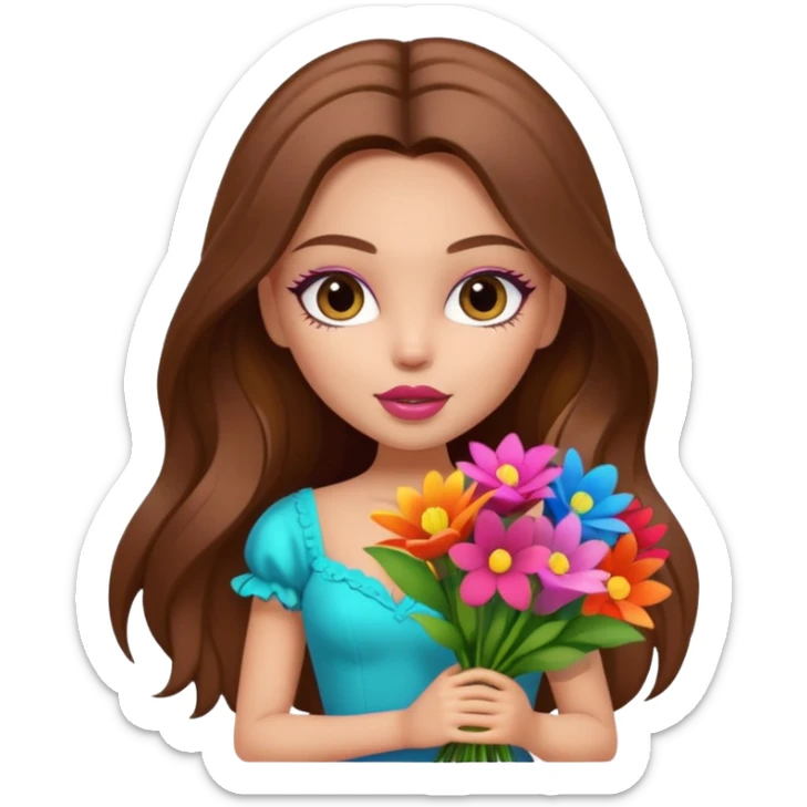 stylish pretty bratz baddie, long brown hair holding big bouet of flowers  sticker