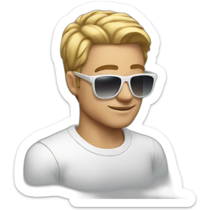 Man with clear sunglasses with shor hair and white t-shirt sticker