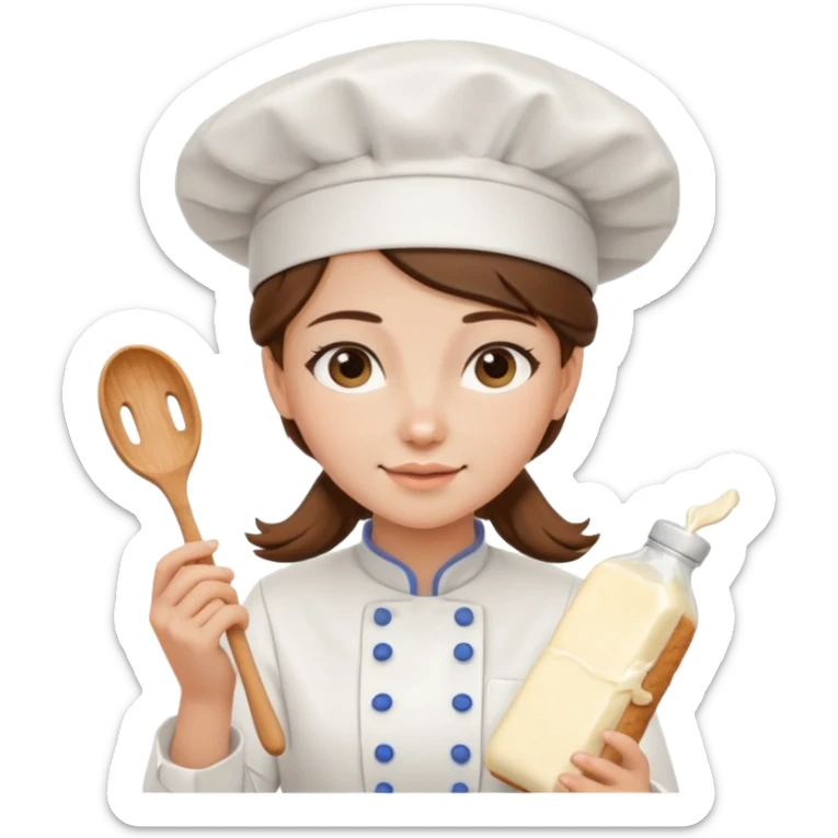 Young female baker - white chef hat, holding cream piping bag to milk oil on bread sticker