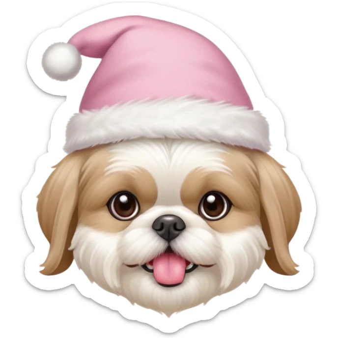 one white all over little shih tzu dog with tongue hanging out sitting with light pink christmas hat sticker