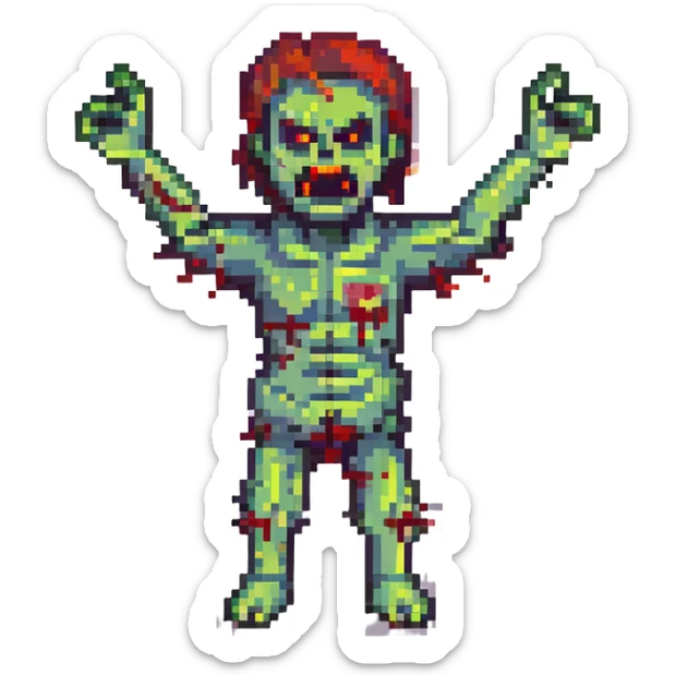 an angry zombie, arms up, bloody and crooked, normal human bodily proportions sticker