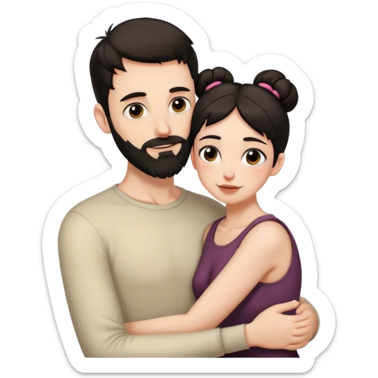 Tall pale guy with dark hair beard no glasses, and short woman with dark hair bun hugging sticker