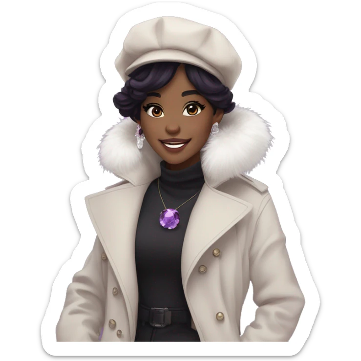black hair, pale skintone, long messy hairstyle, beret hat, purple eyes, smile, long black trench coat with white fur around the neck, purple crystal earrings, purple crystal necklace sticker