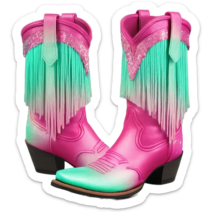 Realistic hot pink to mint green ombre pair of fashion cowgirl boots with sparkly shiny glitter fringe on them. sticker