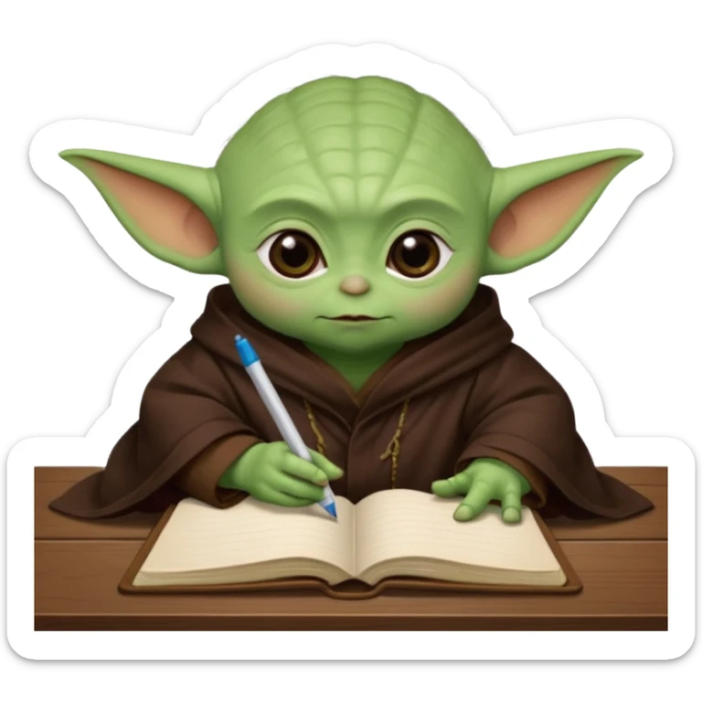 Baby Yoda con su tunica chocolate escribiendo en un cuaderno sobre un escritorio sticker