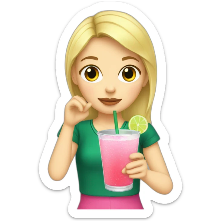 blonde girl straw drinking pink lemonade with one green lemon in the cup, with black watch sticker