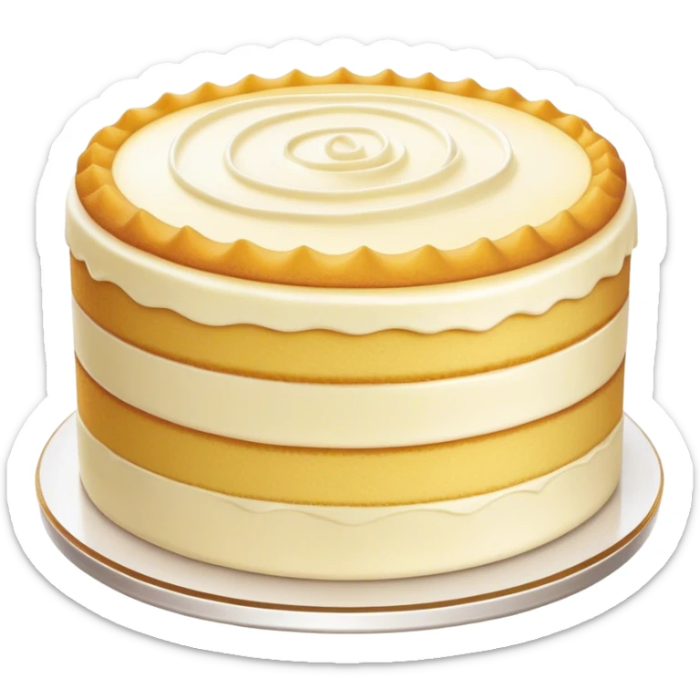Cinematic Realistic Simple Vanilla Cake, a perfectly baked golden sponge with soft, airy layers, delicate vanilla frosting smoothly spread across the top, tiny flecks of vanilla bean visible, warm golden lighting creating depth, glowing with a sweet, irresistible charm. sticker
