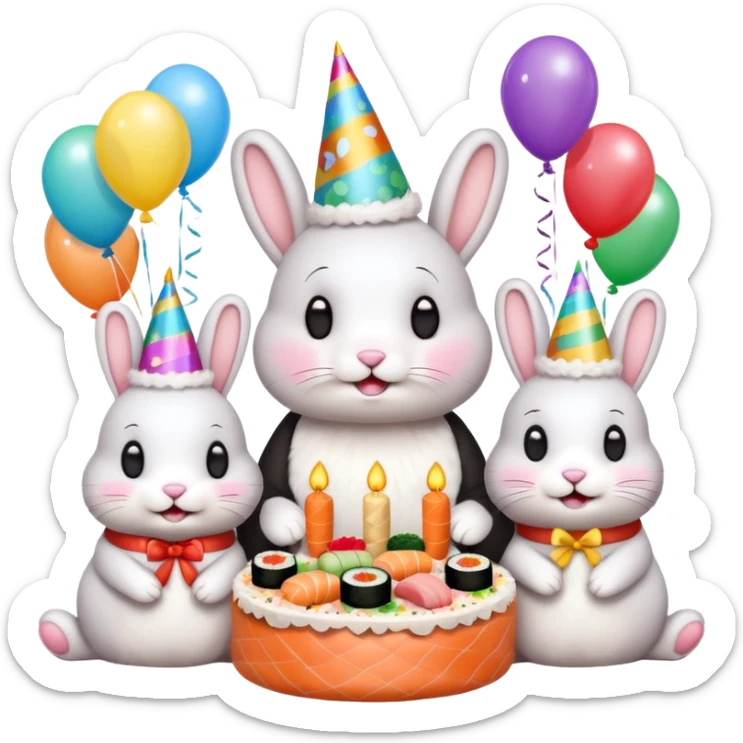 four bunnies together eating sushi at a birthday party, festive, colorful, party hats, birthday decorations, confetti, balloons, sushi platters, birthday cake, playful, varied poses, emoji style, all four bunnies clearly visible sticker