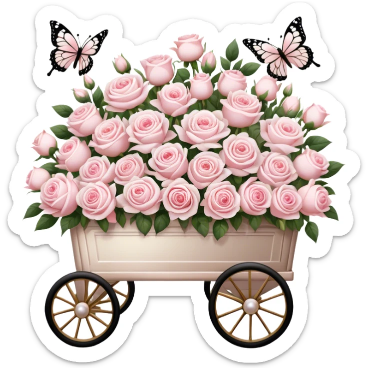 A nostalgic Parisian flower cart, overflowing with freshly picked pale pink roses and white peonies, its golden wheels glistening under the soft glow of lantern light, with pearl butterflies resting on the floral arrangements.
 sticker