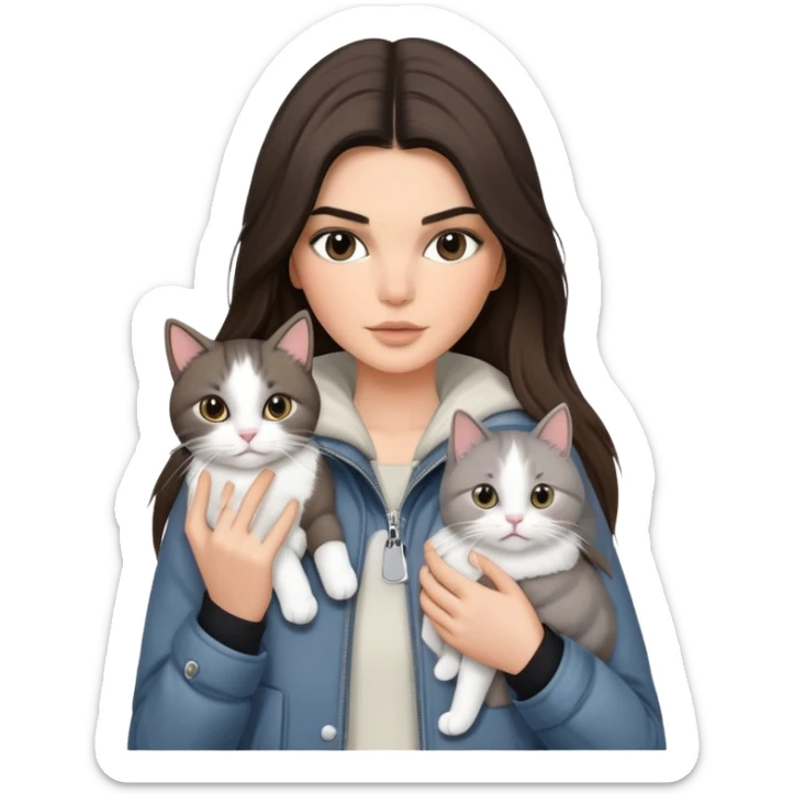 brunette Kendall Jenner with long hair holding on the hands one grey white cat in a jacket  sticker