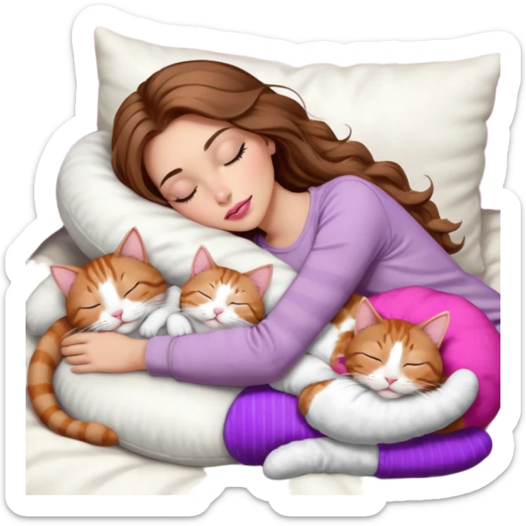 girl with long wavy brown hair, brown eyes, long lashes makeup, sexy pink lips, light to medium complexion,  sleeping on a cozy pillow, with 6 cats: 1 brown and white tabby cat, 1 ginger and white, 2 grey and white, 1 grey has white mittens and small white patch on its chest and 1 calico, sleeping sticker