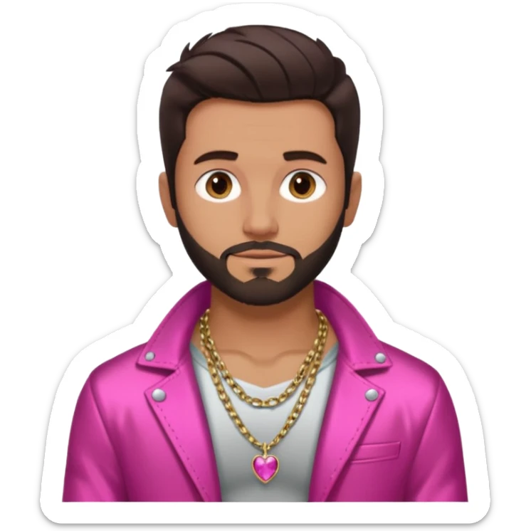 Frankie Zulferino with dark brown hair and short beard shirtless with necklace, dark pink metallic jacket sticker