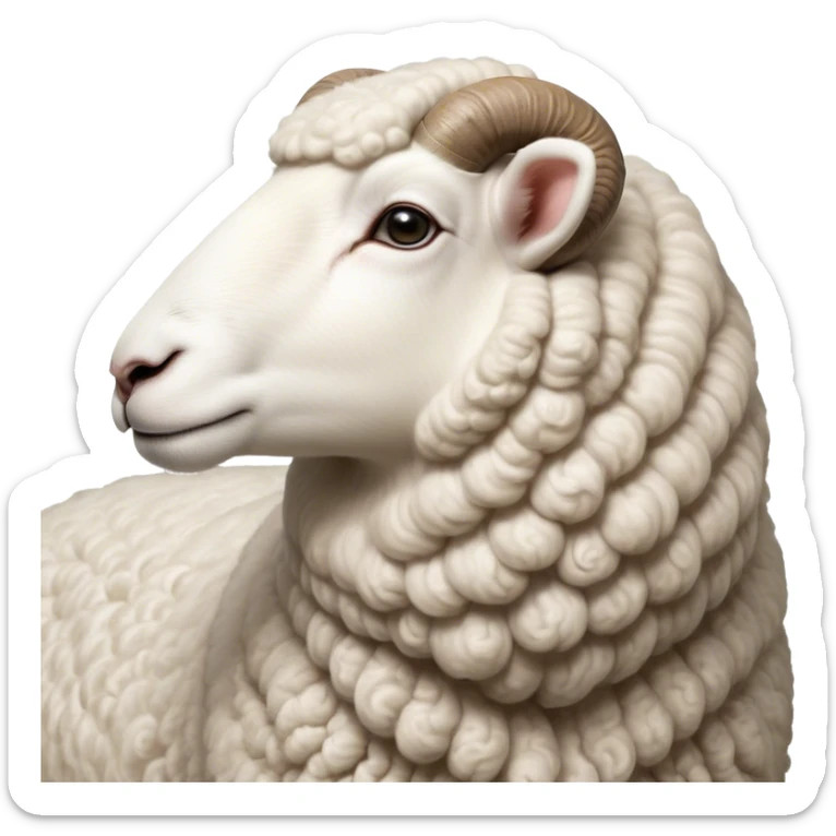 Cinematic Noble Sheep Portrait Emoji, Poised and regal, with a large, sturdy build and a luxuriously fluffy, well-groomed white fleece, deep-set soulful gentle eyes, Simplified yet sharp and sophisticated features, highly detailed, glowing with a soft, dignified glow, high shine, intelligent and calm, stylized with an air of pastoral majesty, focused and attentive, soft glowing outline, capturing the essence of a watchful and confident sheep, so majestic it feels as though it could amble out of the screen with effortless authority! sticker