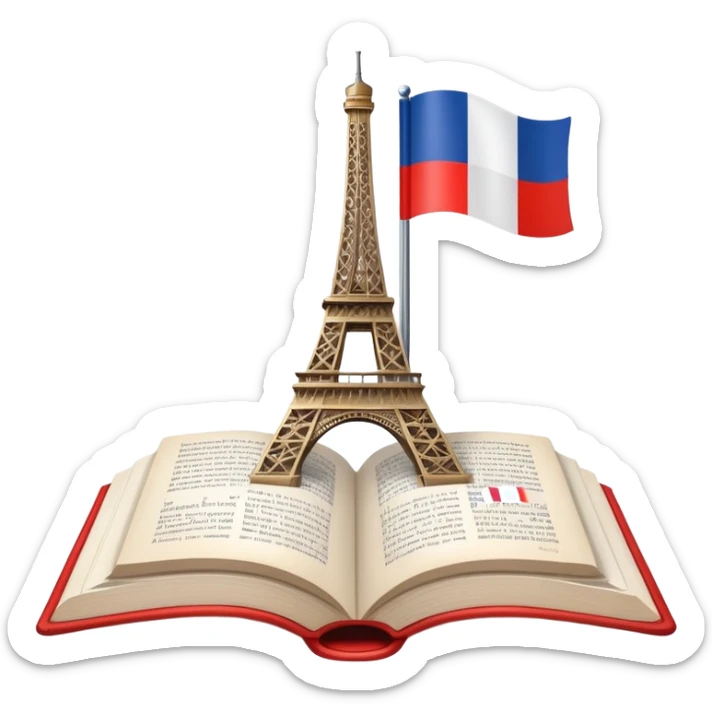 An icon featuring the Eiffel Tower and the flag of France, symbolizing the French language. The design includes an open book with French text, representing language learning and French culture. Transparent background highlights the elegance of the French-speaking world. sticker