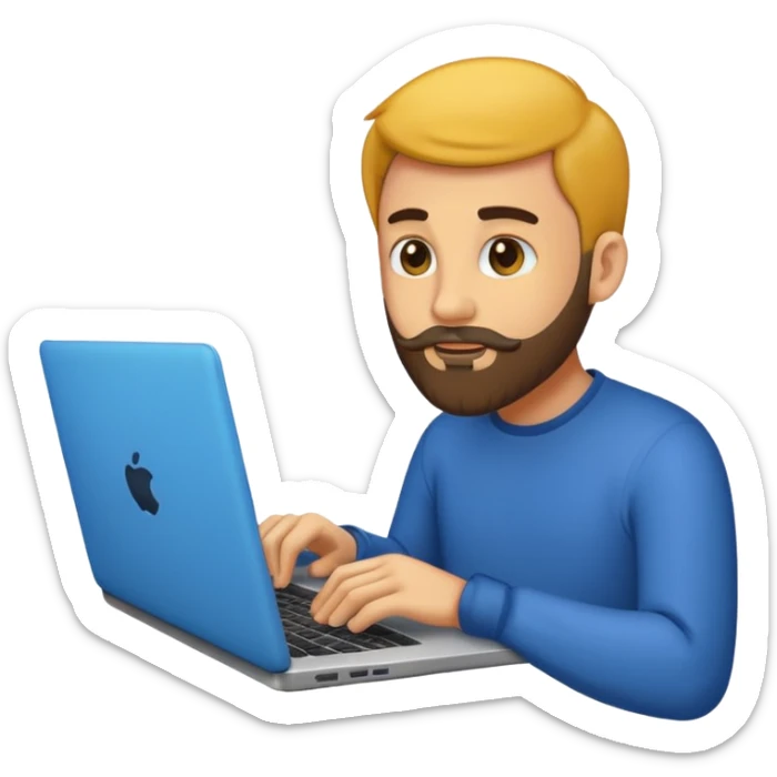 Emoji de un hombre joven con barba corta usando una laptop, estilo emoji moderno y minimalista, colores planos, líneas limpias, expresión amigable, fondo transparente. sticker