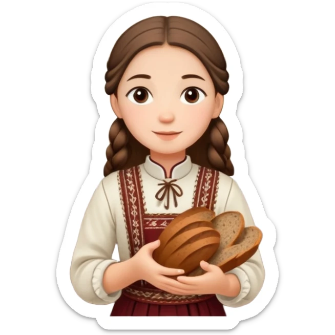 a girl who wears a Latvian folk suit stands in the kitchen and holds a newly baked rye bread - traditional Latvian food - in her hands. sticker