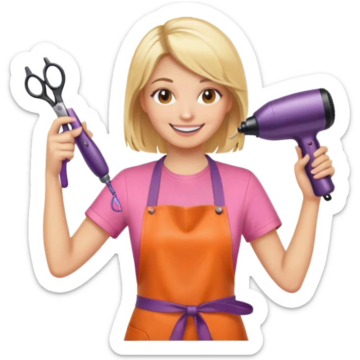 blonde female hairstylist smiling, pink t-shirt, orange apron, hands up, holding scissors and hairdryer clearly shown sticker