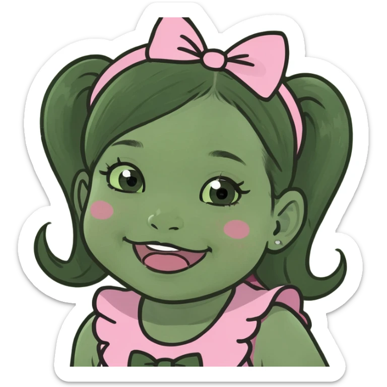 Baby girl with black hair and pigtails wearing pink bows with stars in the middle rosy cheeks and closed mouth smile  sticker