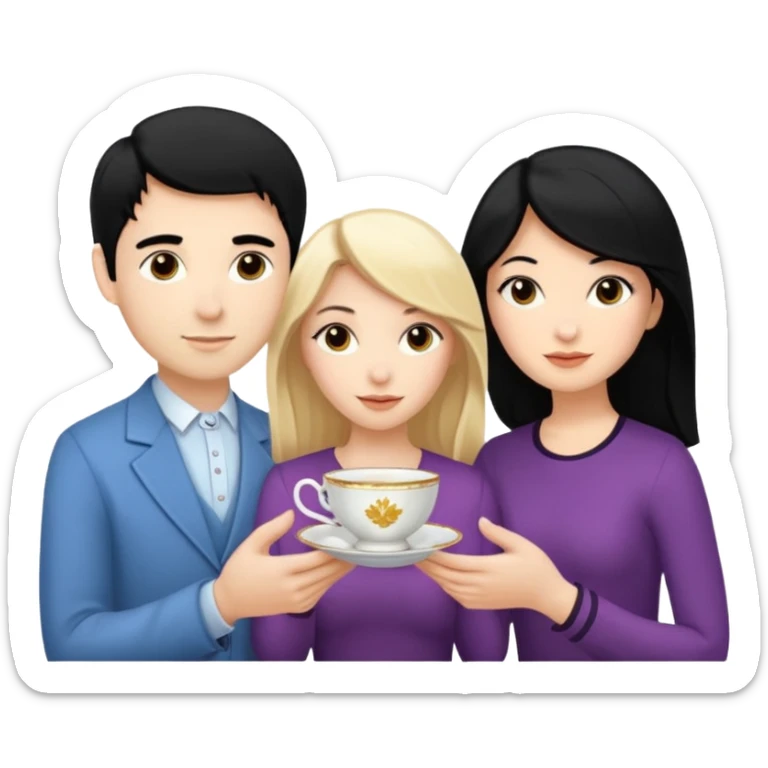One blond white woman, one black hair white woman and one dark blond white man with tea cups sticker
