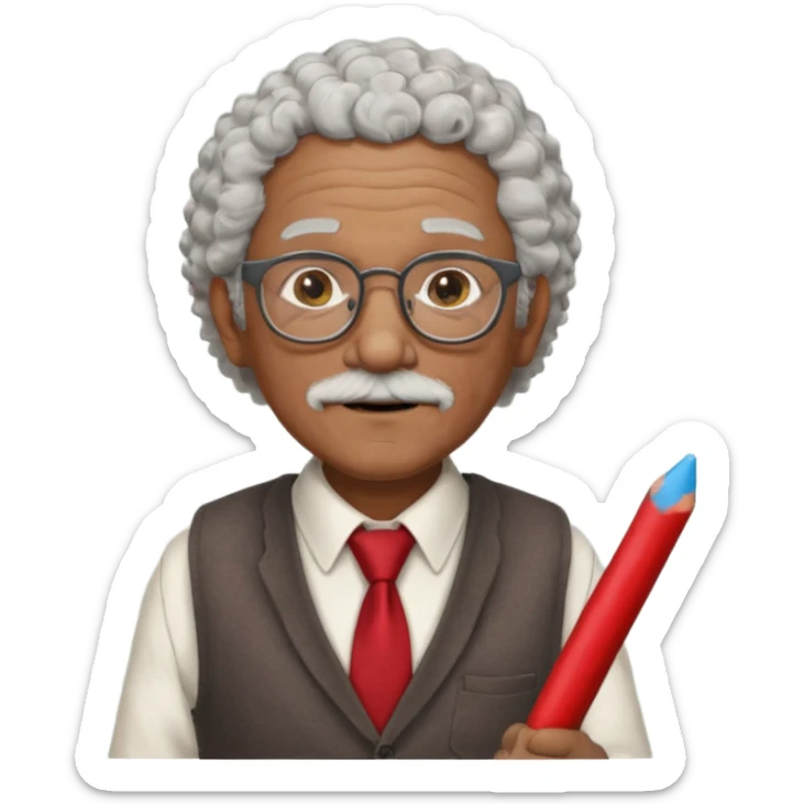 old man teacher, brown skin, curly grey white hai, wearing glasses, brown vest, red tie hold chalk on hand sticker