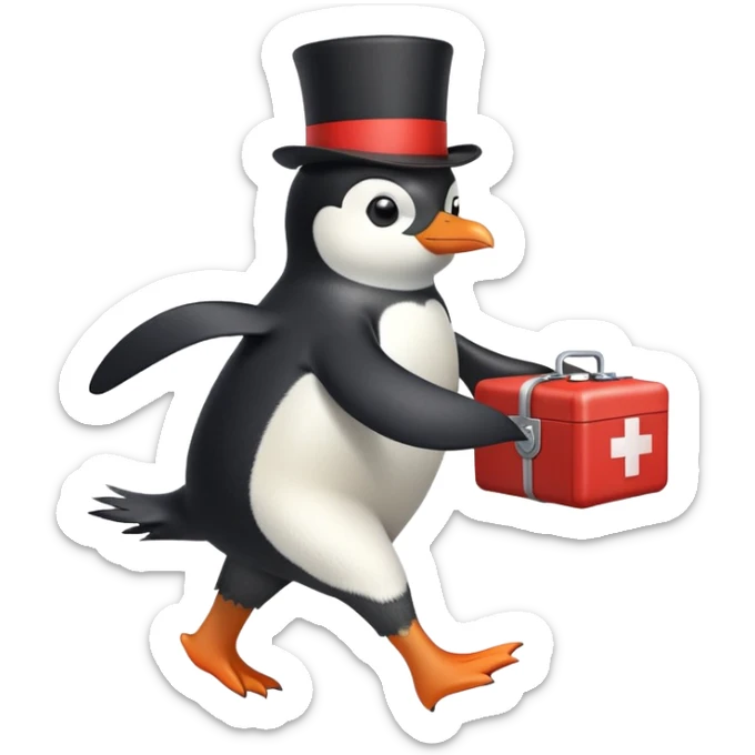 side view of a doctor penguin running with a top hat holding a first aid medical box with a red cross sticker