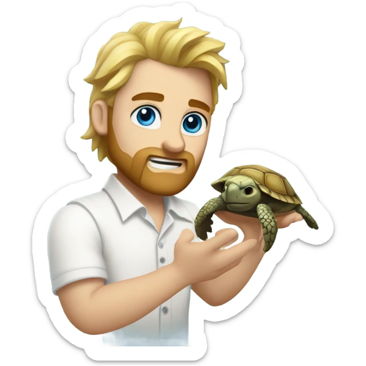 Man with blond spiked hair, beard, blue eyes, white shirt and wristwatch, holding a sea turtle with big eyes sticker