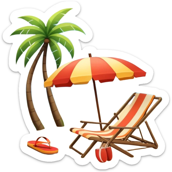 Vibrant Icon for Beach Tourism: a sunny beach with the sea, a lounge chair, a sun umbrella, and flip-flops. The icon should capture the essence of a relaxing beach vacation with a carefree atmosphere. Transparent background. sticker
