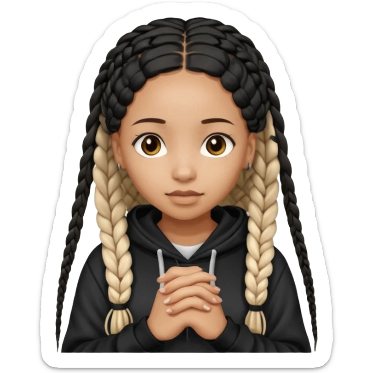 African American light skin girl with long black box braids wearing a black hoodie with hands folded together sticker