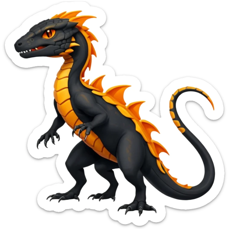 Magmatic fiery badass cool obsidian-Black and golden-orange Helioptile-Amaura-Salandit-Fakémon-hybrid-creature (full body)  sticker