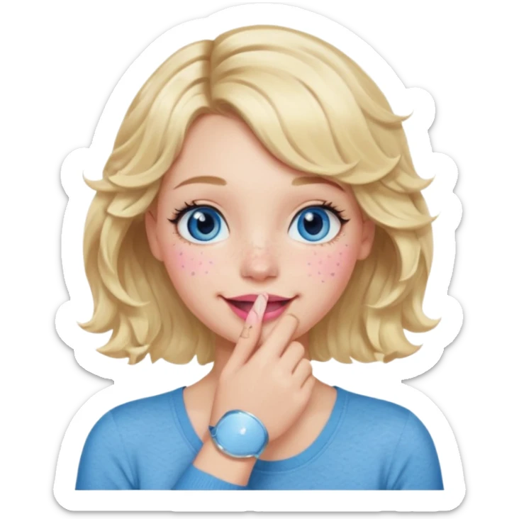Girl Blonde short wavy hair,  blue eyes, cute blue top, long lashes, pink lips, smiling, hand covering the mouth sticker