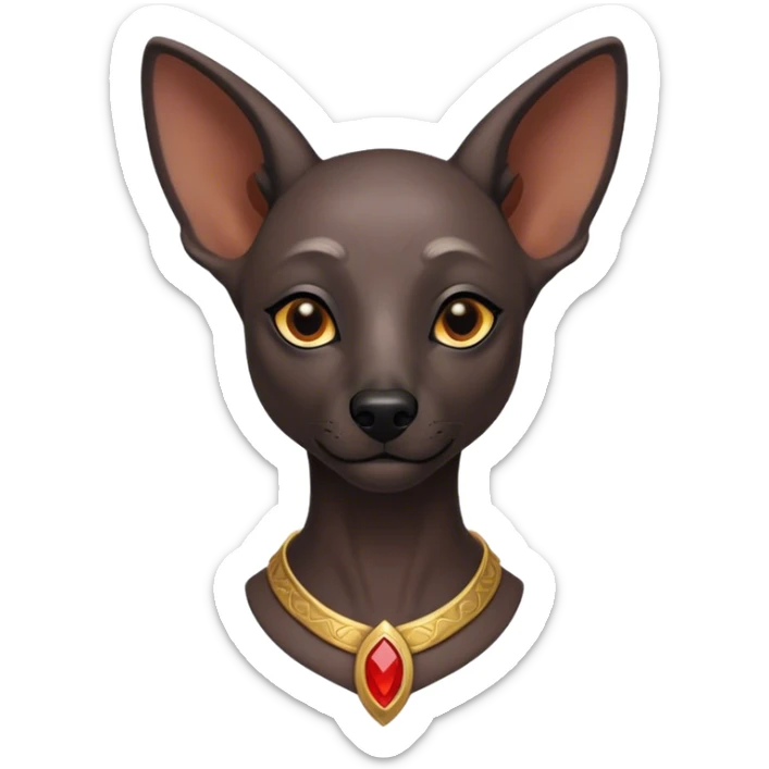 Cinematic Noble Xoloitzcuintle Portrait Emoji, Poised and regal, with a sleek, muscular build and smooth, hairless ebony skin accented by subtle wrinkles, deep-set soulful dark eyes, Simplified yet sharp and sophisticated features, highly detailed, glowing with a soft, dignified glow, high shine, intelligent and loyal, stylized with an air of ancient grace, focused and attentive, soft glowing outline, capturing the essence of a watchful and confident guardian, so majestic it feels as though it could stride out of the screen with effortless authority! sticker