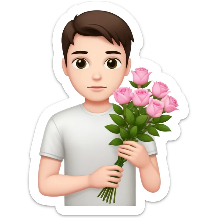 A cool bad boy with fair skin holding a bouquet of pink jasmine roses sticker