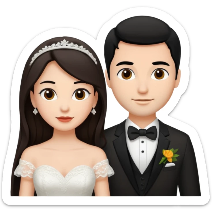 A bride and a groom. The woman is with dark brown hair, the man with black  sticker